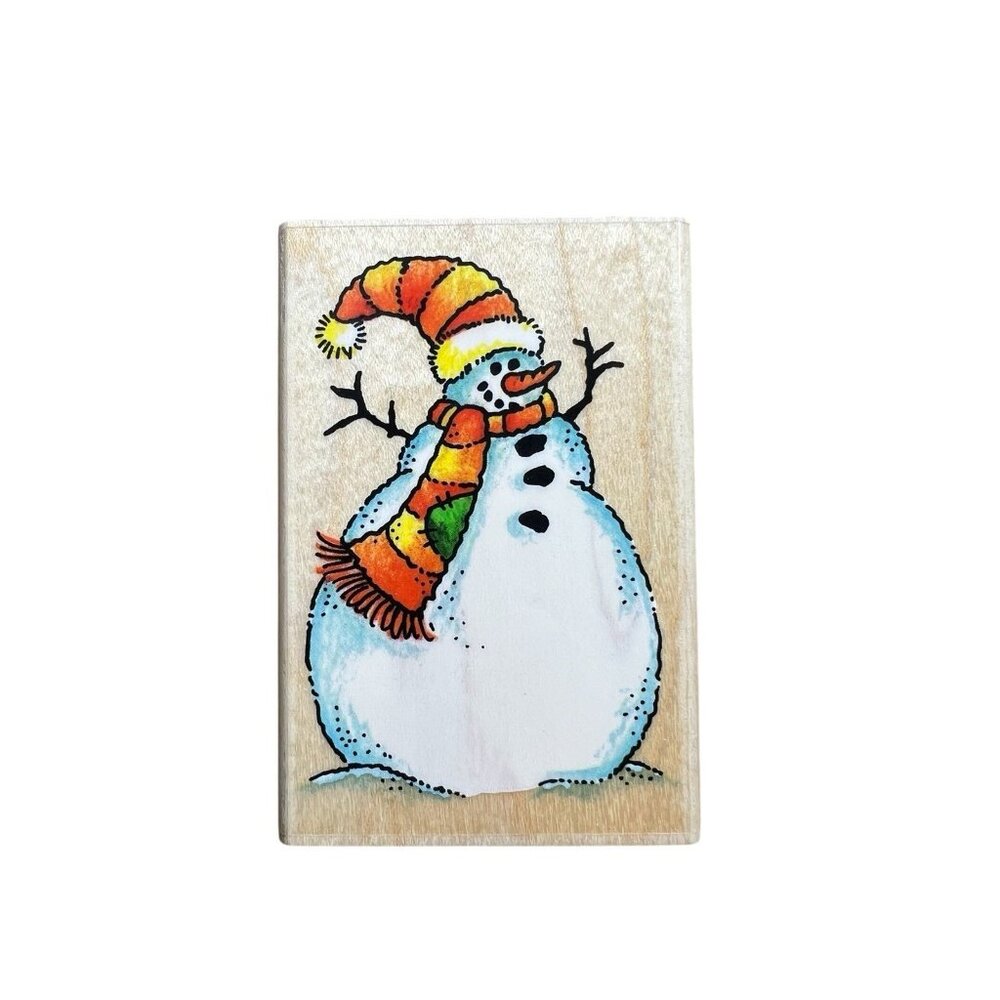 STAMPENDOUS (1995) WOOD RUBBER STAMP M045 Pudgy Snowman 3 1/2 X‎ 2 1/2”